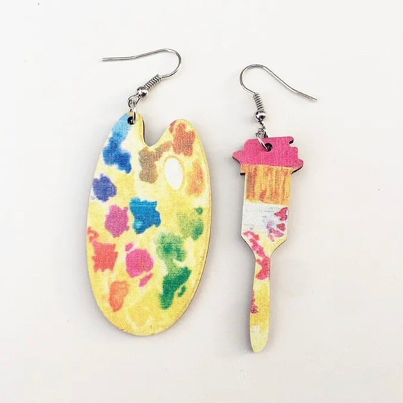 Painter palette brush set earrings. Artisan wooden earring. - Picture 1 of 4